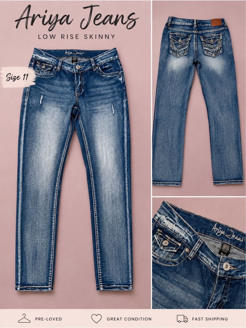 Ariya Low Rise Skinny Jeans | Size 11 | Medium Wash | Distressed